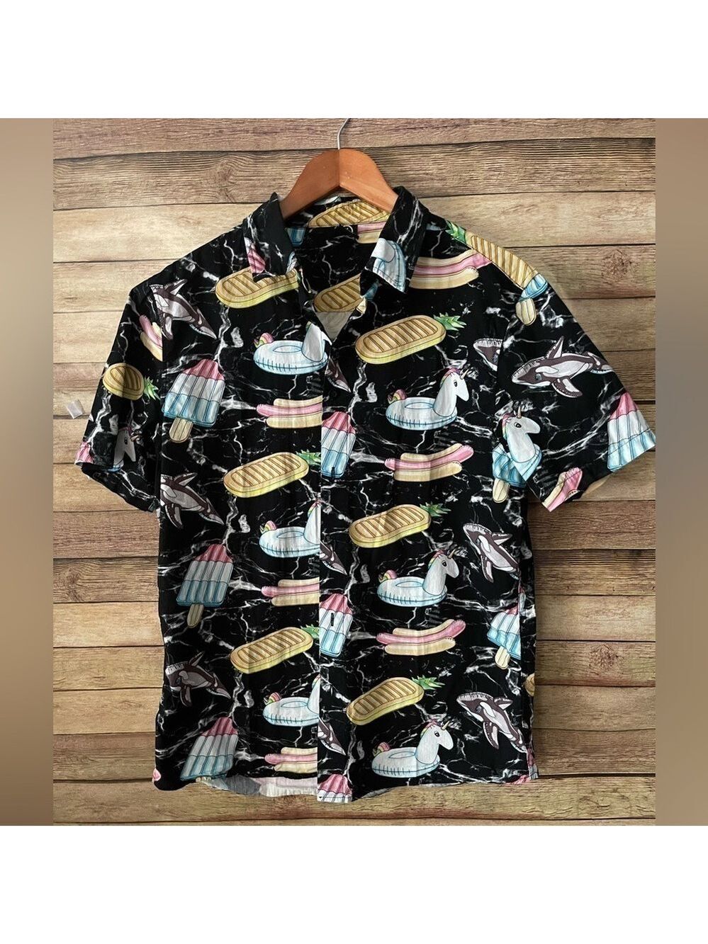 Neff Men’s Pool Party Float Ice Cream Button Shirt Unicorn Pineapple Size Medium
